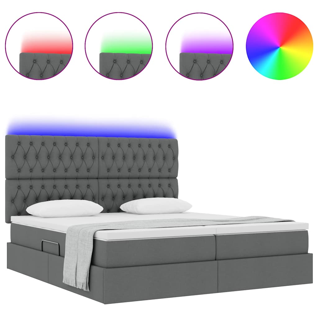 Lit coffre LED avec matelas – Gris foncé tissu – 200 x 200 cm