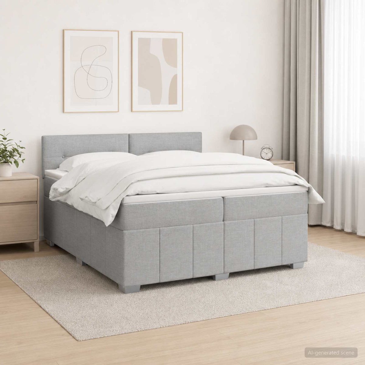 Lit boxspring LED avec matelas – Gris clair tissu – 200 x 200 cm