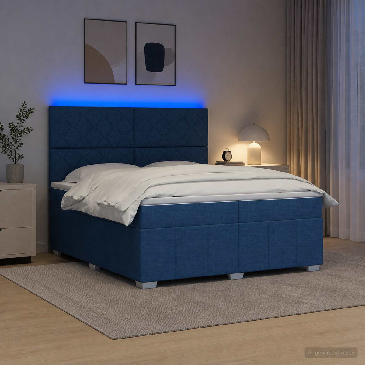 Lit boxspring LED avec matelas – Bleu tissu – 200 x 200 cm