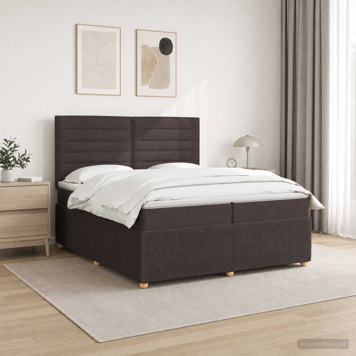 Lit boxspring LED avec matelas – Marron foncé tissu – 200 x 200 cm