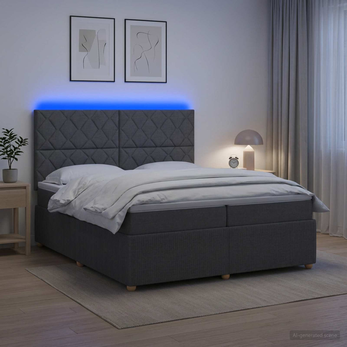 Lit boxspring LED avec matelas – Gris foncé tissu – 200 x 200 cm
