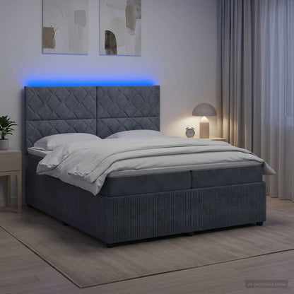 Lit boxspring LED avec matelas – Gris foncé velours – 200 x 200 cm