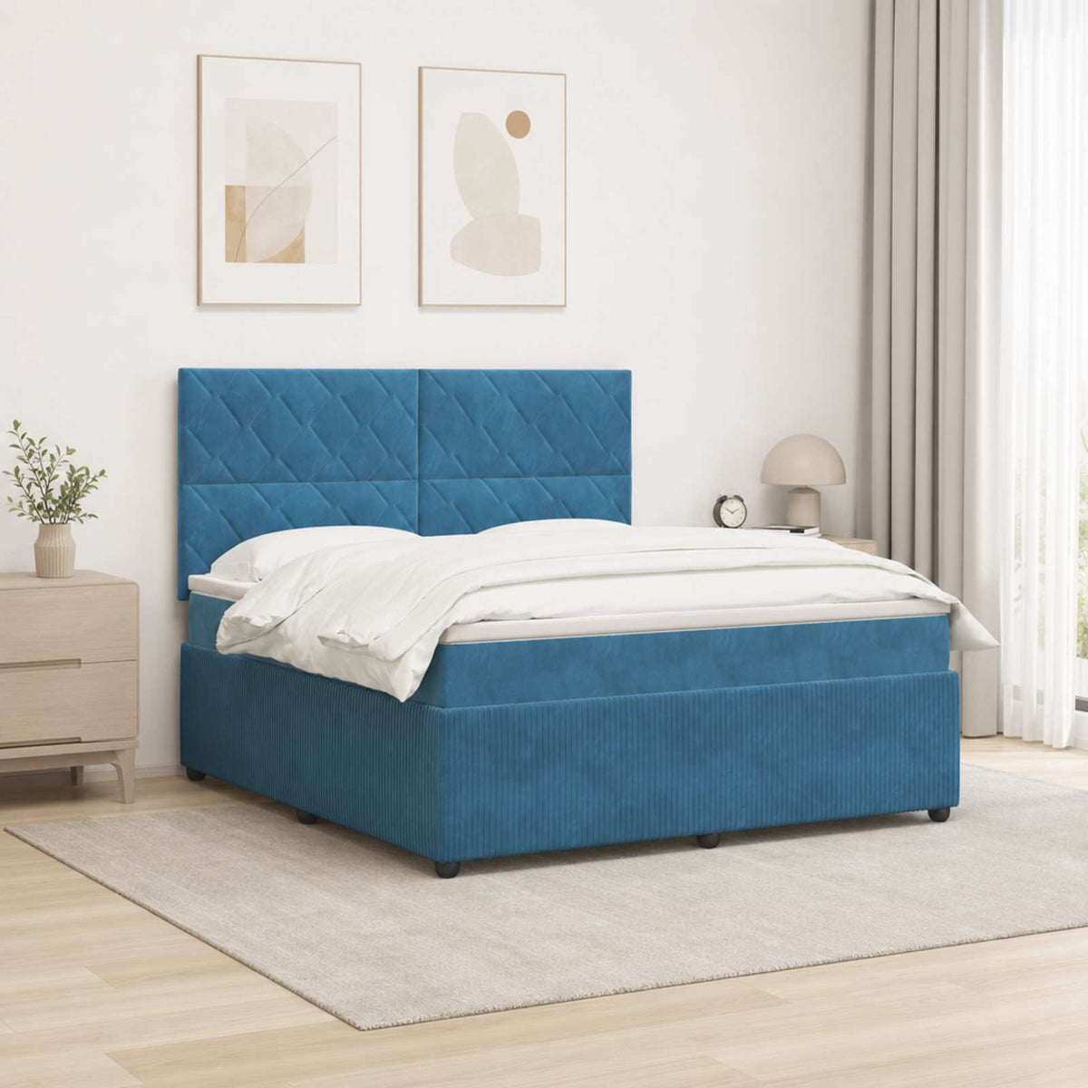 Lit boxspring LED avec matelas – Bleu velours – 200 x 200 cm