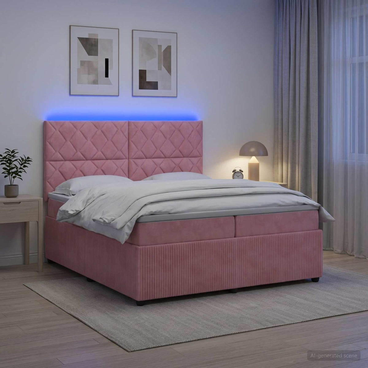 Lit boxspring LED avec matelas – Rose velours – 200 x 200 cm
