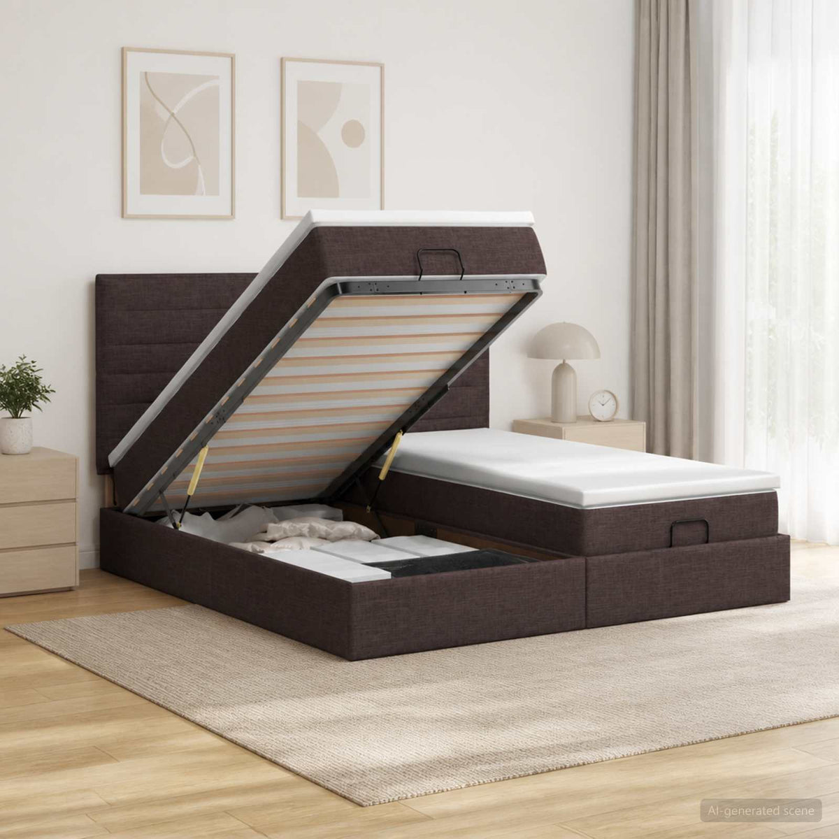 Lit coffre LED avec matelas – Marron foncé tissu – 200 x 200 cm