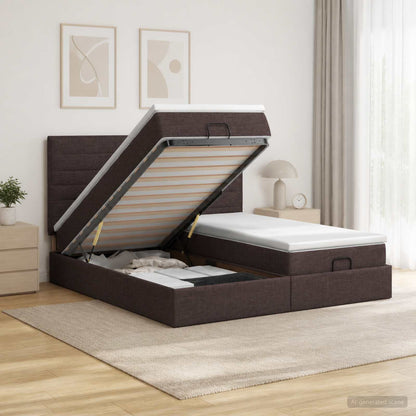 Lit coffre LED avec matelas – Marron foncé tissu – 200 x 200 cm