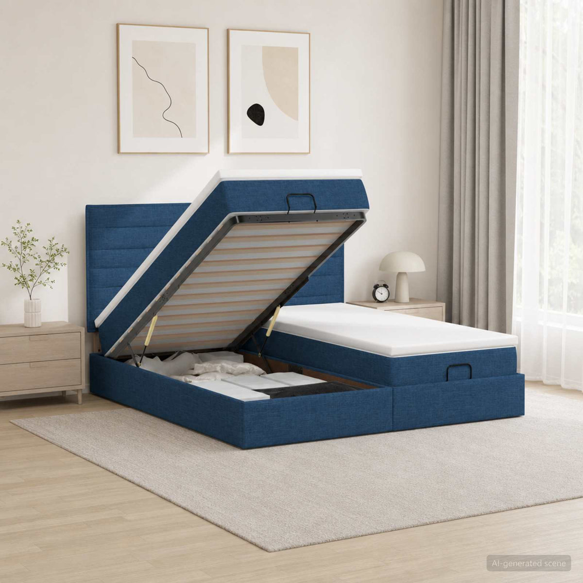Lit coffre LED avec matelas – Bleu tissu – 200 x 200 cm