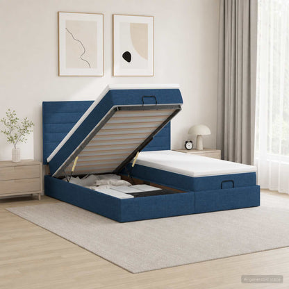 Lit coffre LED avec matelas – Bleu tissu – 200 x 200 cm