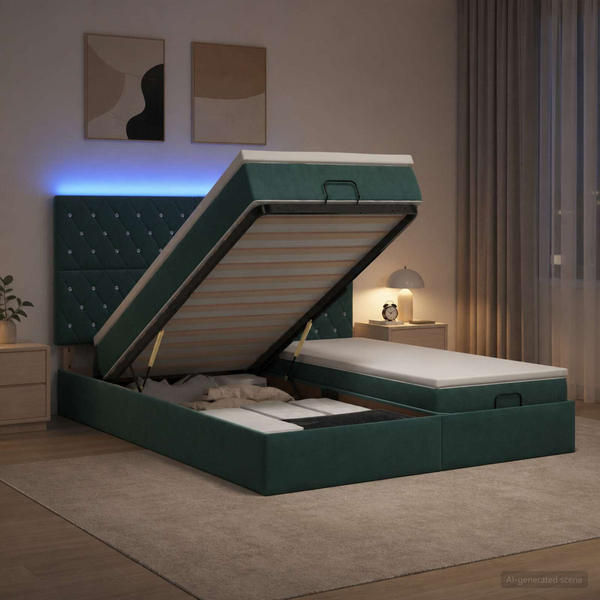 Lit coffre LED avec matelas – Vert foncé velours – 200 x 200 cm
