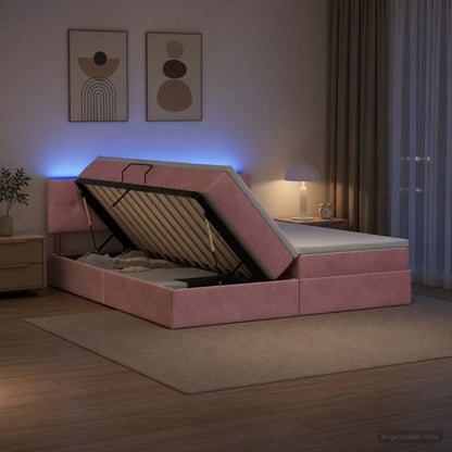 Lit coffre LED avec matelas – Rose velours – 200 x 200 cm