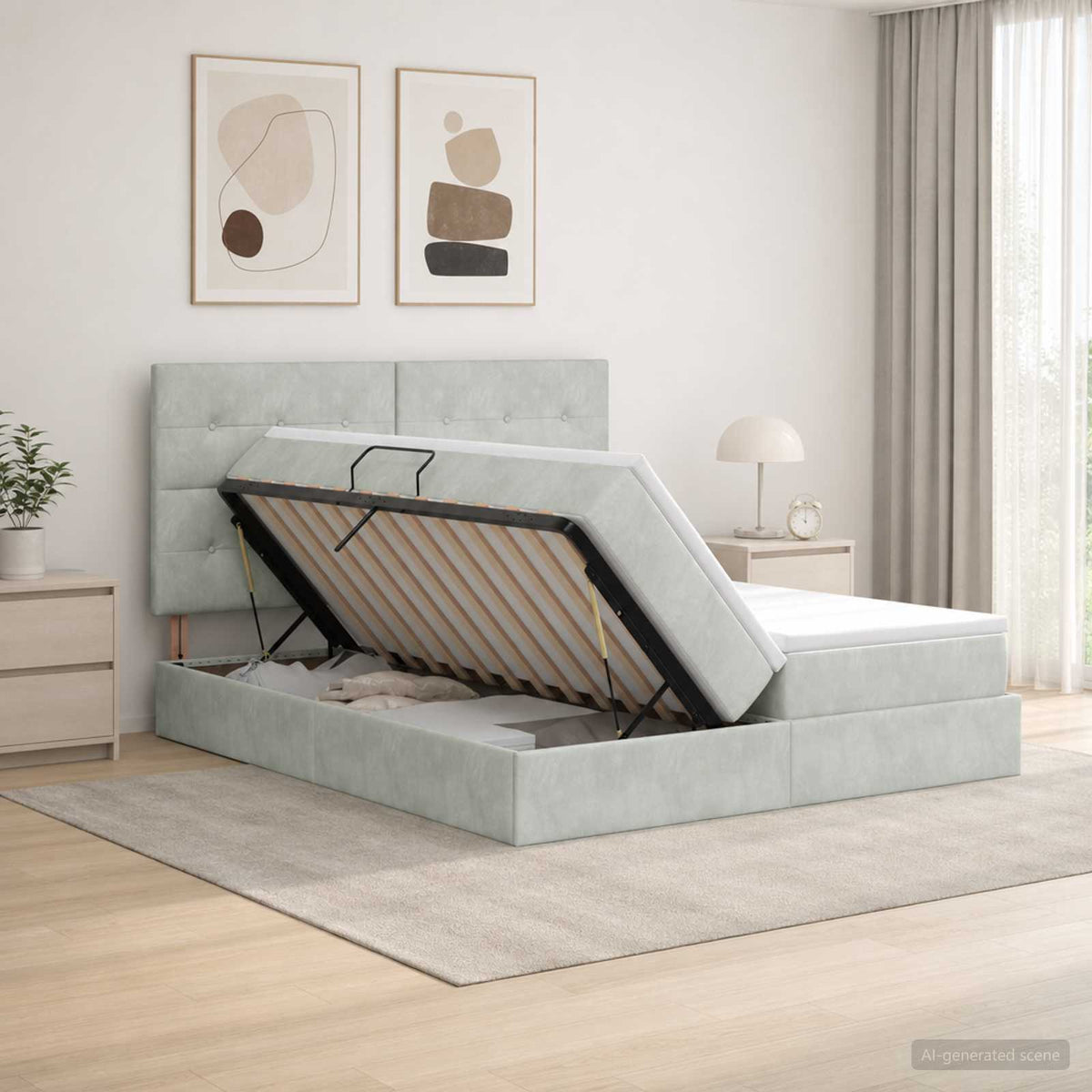 Lit coffre LED avec matelas – Gris clair – 200 x 200 cm