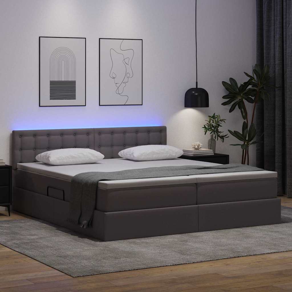 Lit coffre LED – Gris cuir synthétique – 200 x 200 cm