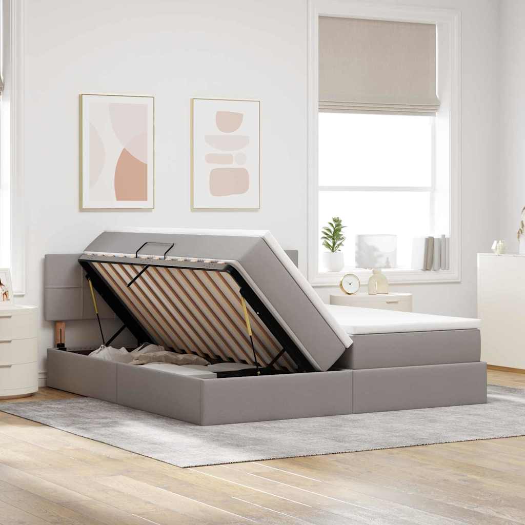Lit coffre LED avec matelas – Taupe tissu – 200 x 200 cm