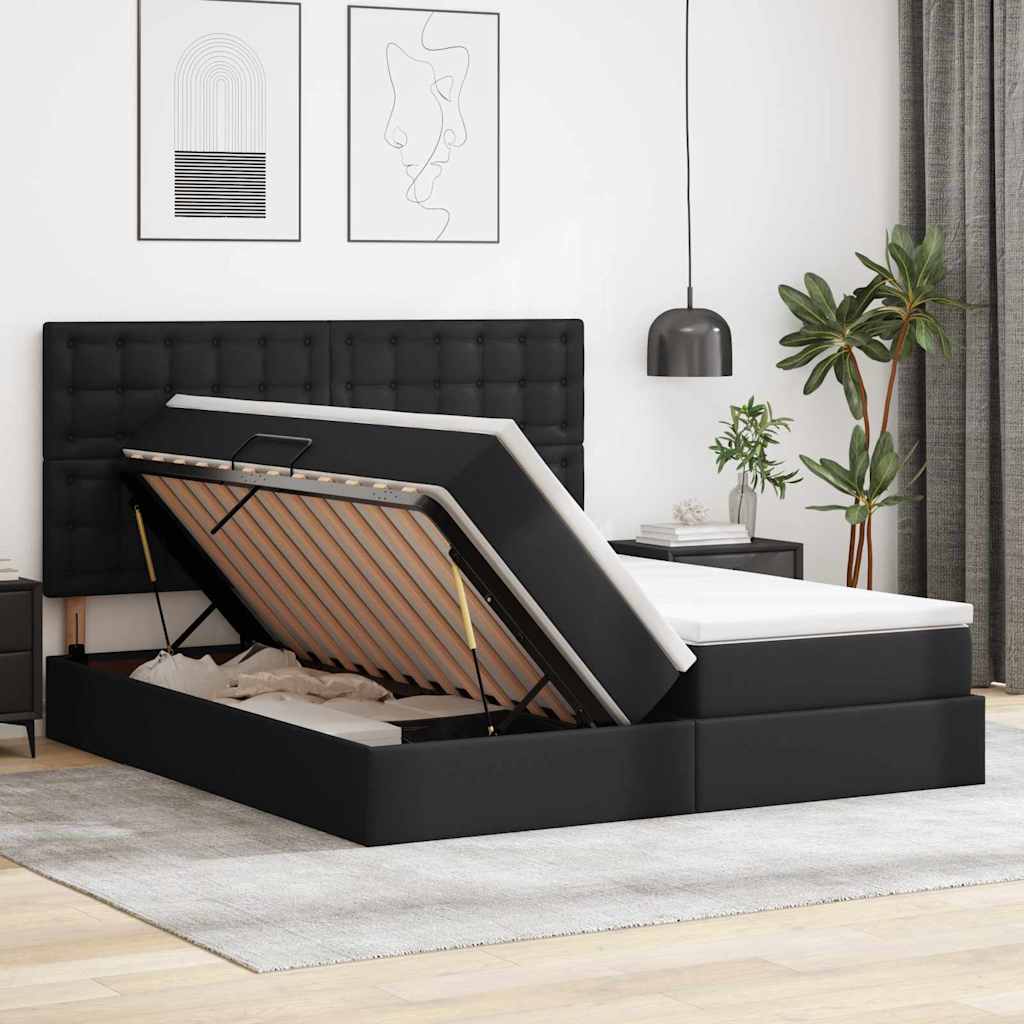 Lit coffre LED – Noir simili cuir – 200 x 200 cm