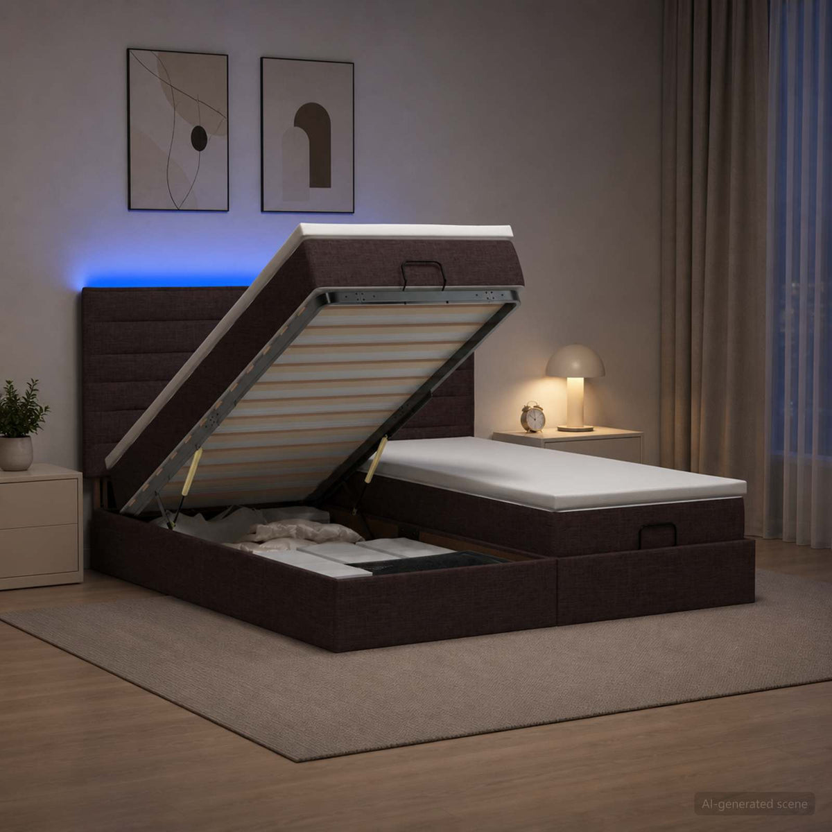 Lit coffre LED avec matelas – Marron foncé tissu – 200 x 200 cm