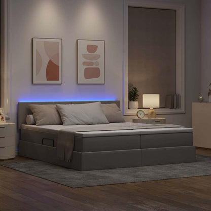 Lit coffre LED avec matelas – Taupe tissu – 200 x 200 cm