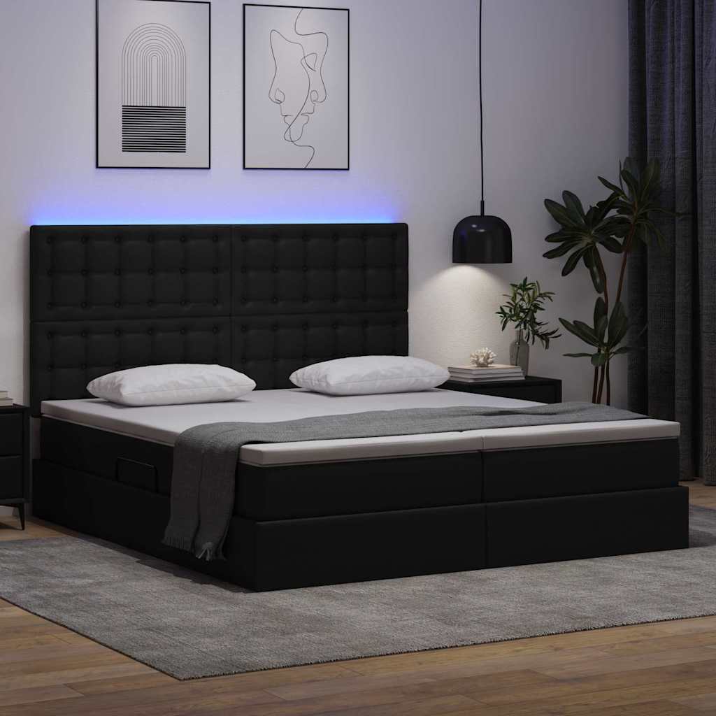 Lit coffre LED – Noir simili cuir – 200 x 200 cm