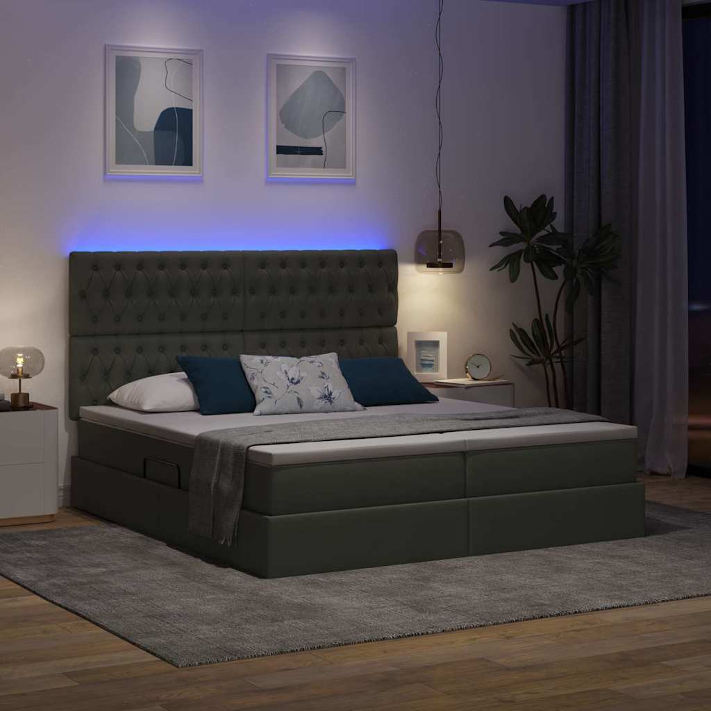Lit coffre LED avec matelas – Gris foncé tissu – 200 x 200 cm